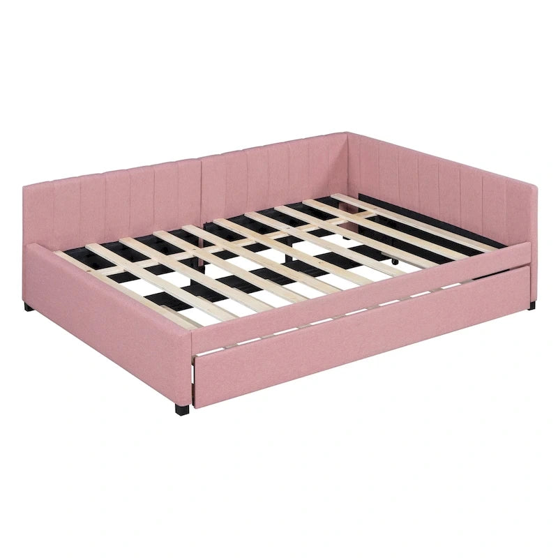 Full Size Upholstered Daybed with Trundle Sofa Bed Frame No Box Spring Needed