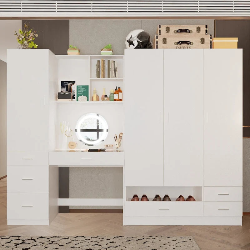 Workspace and Wardrobe Combo Storage Furniture Set with Deluxe Vanity