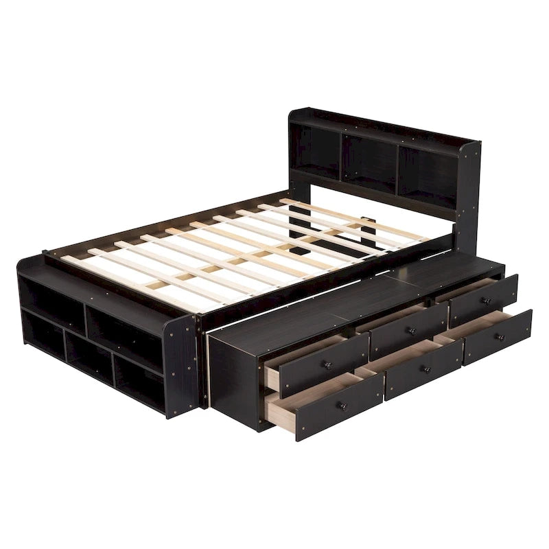 Full Bed with Bookcase Headboard, Under bed Storage Drawers and Bed End Storage Case