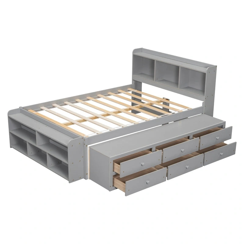 Full Bed with Bookcase Headboard, Under bed Storage Drawers and Bed End Storage Case