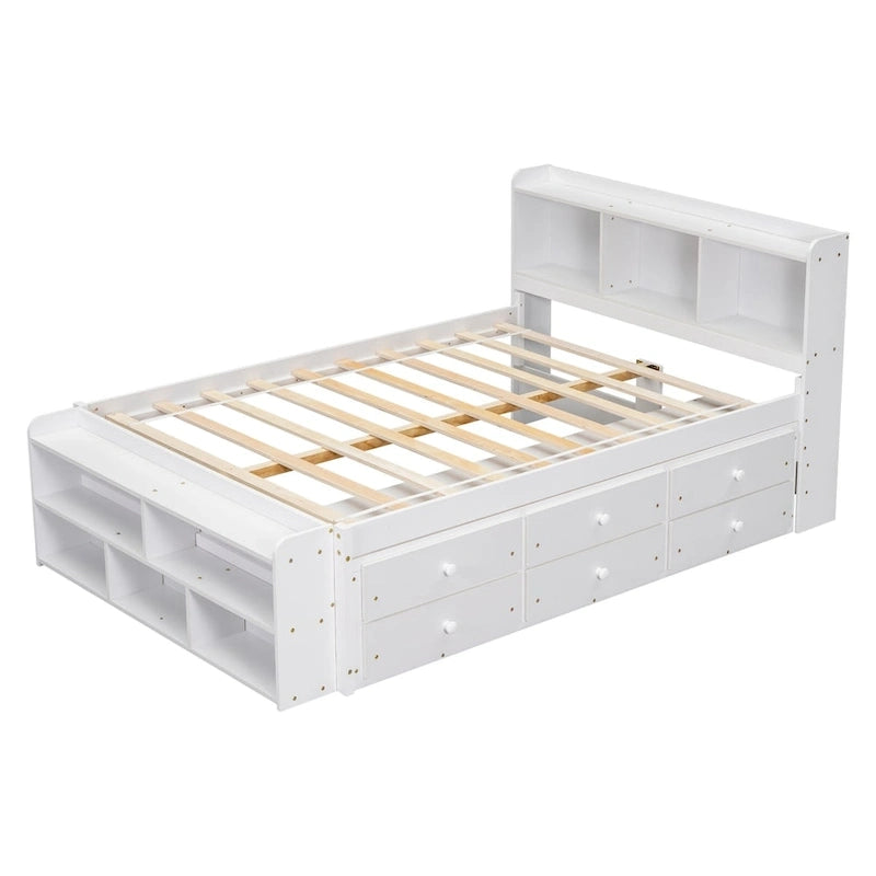 Full Bed with Bookcase Headboard, Under bed Storage Drawers and Bed End Storage Case