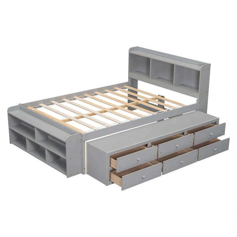 Full Bed with Bookcase Headboard, Under bed Storage Drawers and Bed End Storage Case