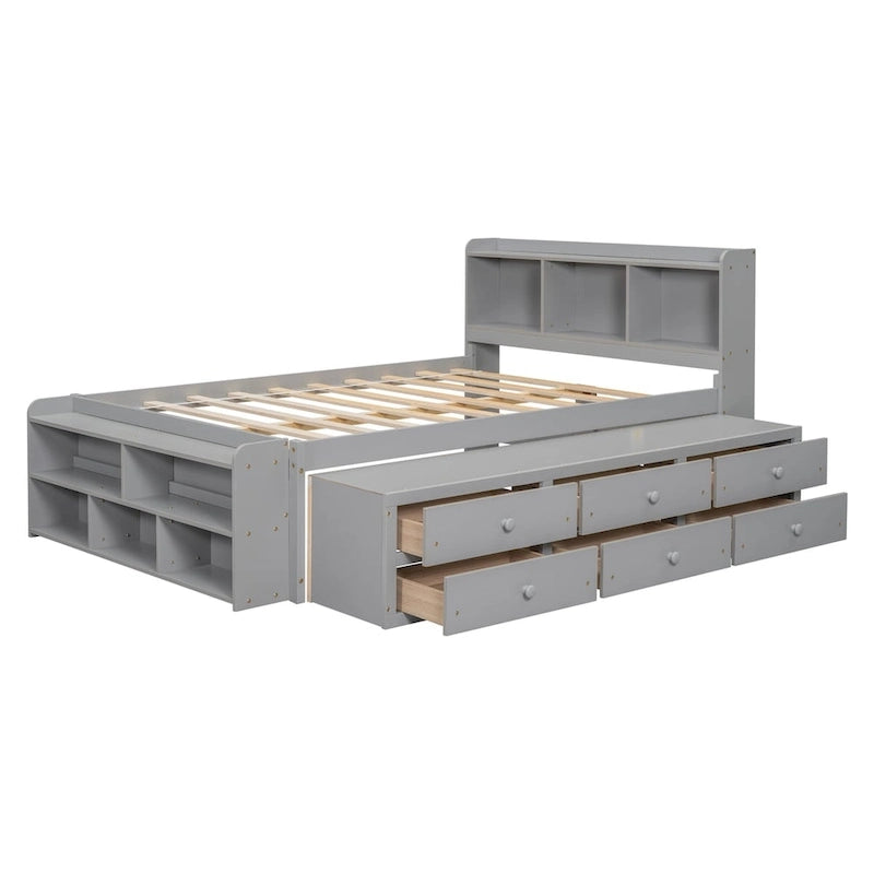 Full Bed with Bookcase Headboard, Under bed Storage Drawers and Bed End Storage Case