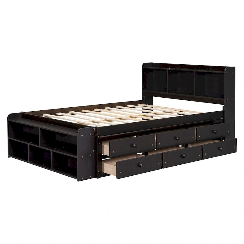 Full Bed with Bookcase Headboard, Under bed Storage Drawers and Bed End Storage Case