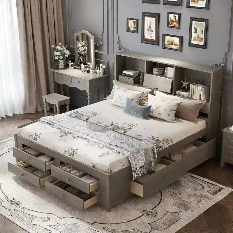 King Size Platform Bed with Storage Bookshelf and 8 Drawers