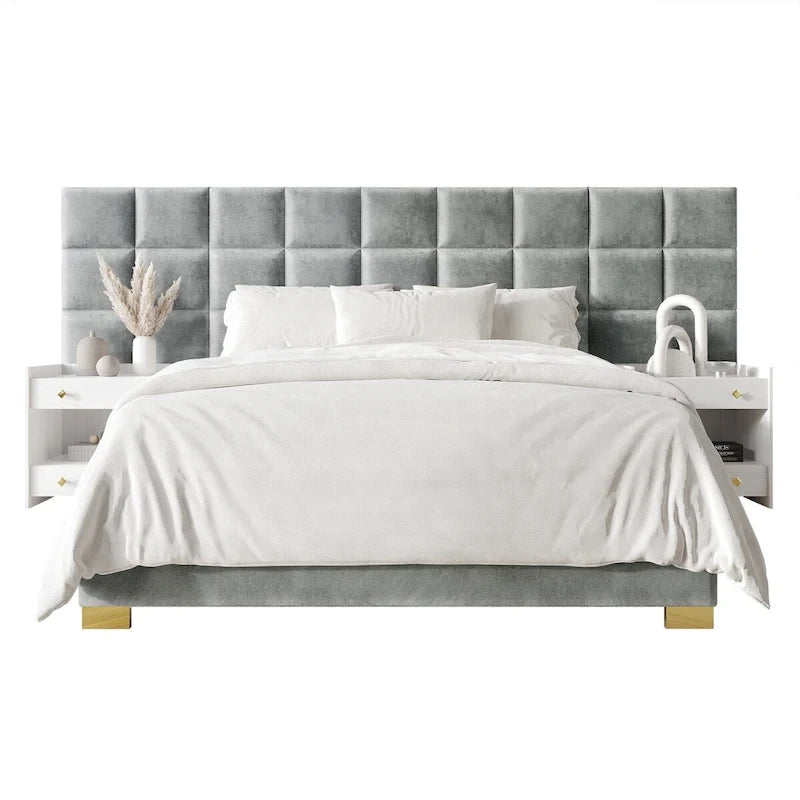 Mid-Century Modern Bedroom  | Velvet Upholstered Bed + 2 Nightstands | Queen & King | MDF