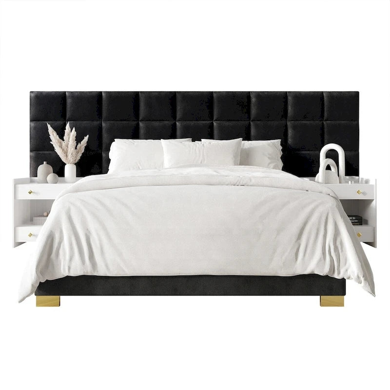 Mid-Century Modern Bedroom  | Velvet Upholstered Bed + 2 Nightstands | Queen & King | MDF