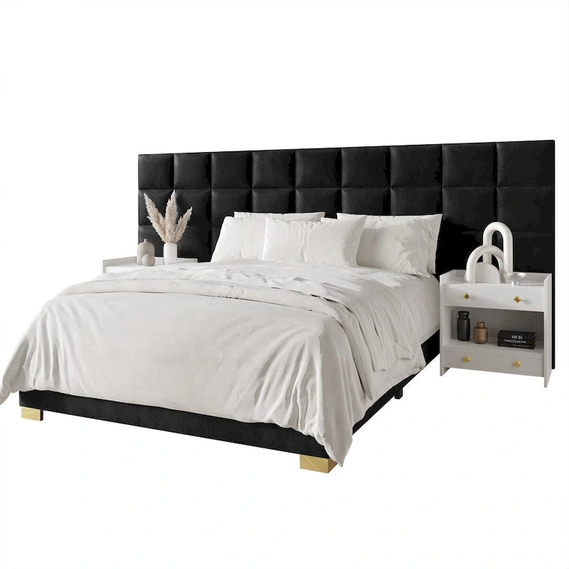 Mid-Century Modern Bedroom  | Velvet Upholstered Bed + 2 Nightstands | Queen & King | MDF