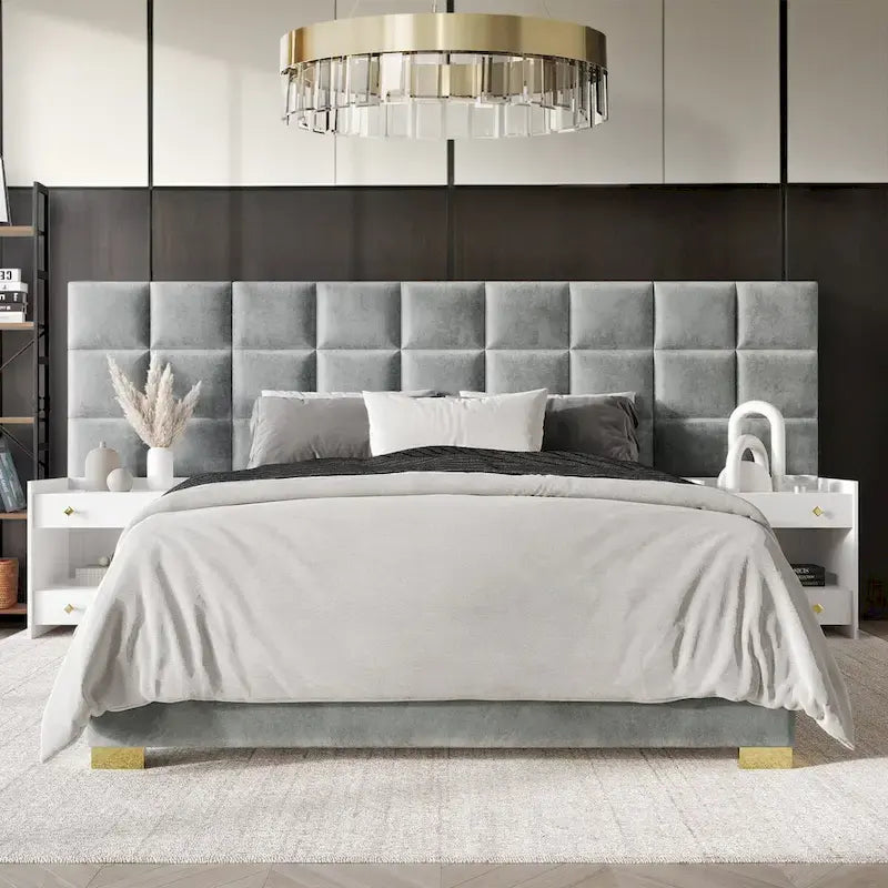Mid-Century Modern Bedroom  | Velvet Upholstered Bed + 2 Nightstands | Queen & King | MDF