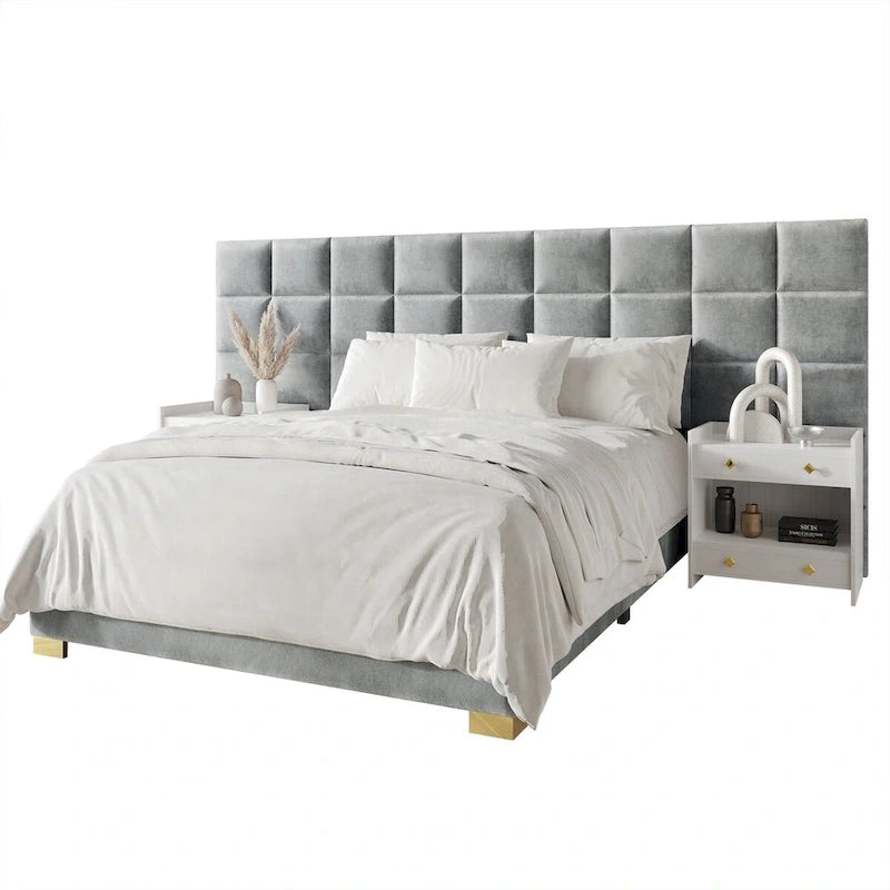 Mid-Century Modern Bedroom  | Velvet Upholstered Bed + 2 Nightstands | Queen & King | MDF