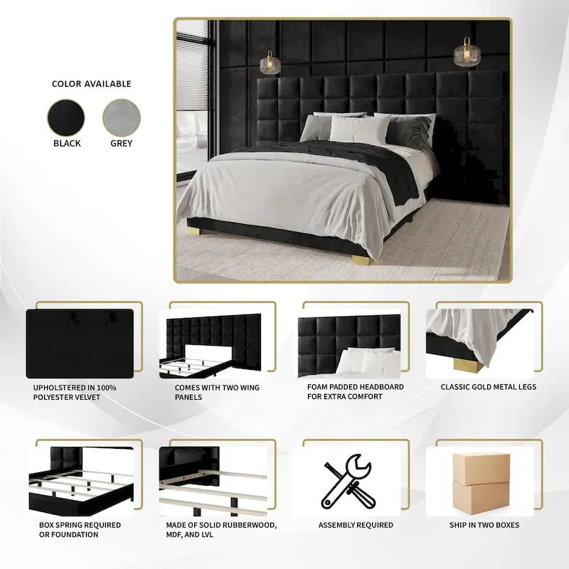 Mid-Century Modern Bedroom  | Velvet Upholstered Bed + 2 Nightstands | Queen & King | MDF