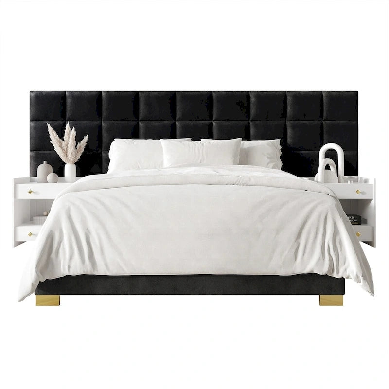 Mid-Century Modern Bedroom  | Velvet Upholstered Bed + 2 Nightstands | Queen & King | MDF