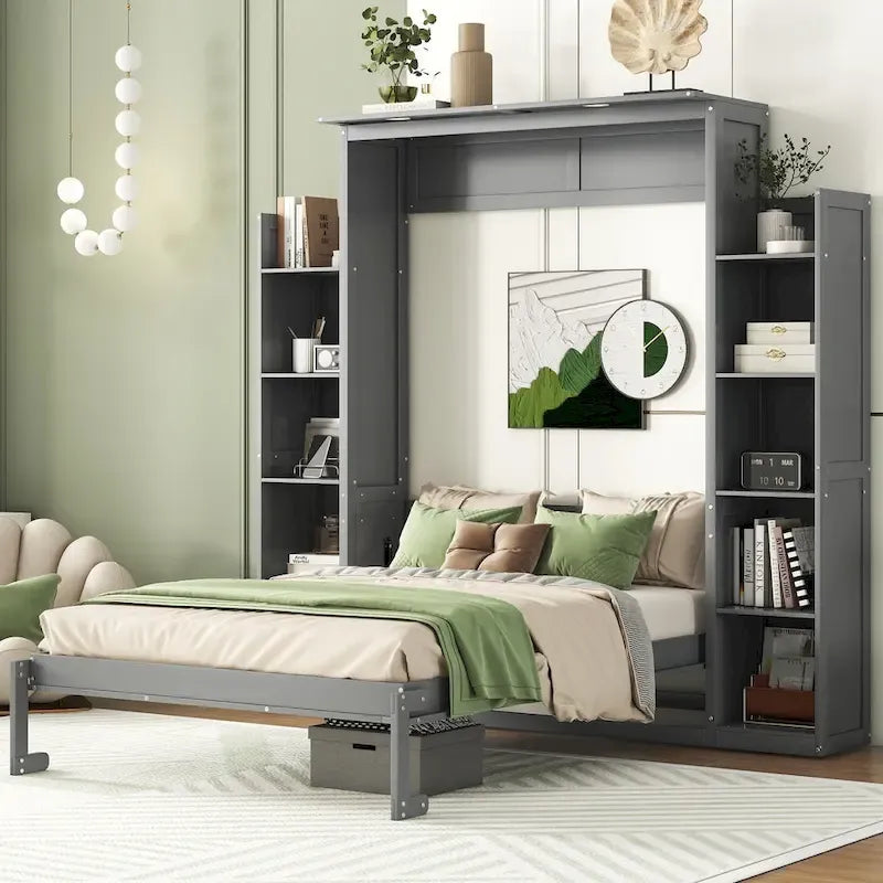 Full Size Murphy Wall Bed Frame with Shelves and LED Lights,for Girls Boys Teens,No Box Spring Needed
