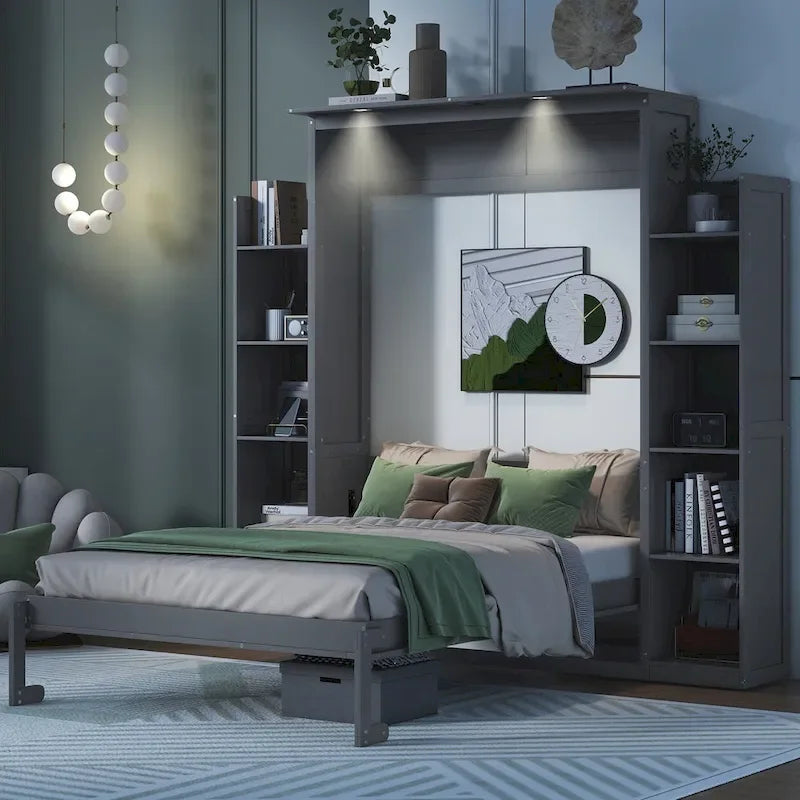 Full Size Murphy Wall Bed Frame with Shelves and LED Lights,for Girls Boys Teens,No Box Spring Needed