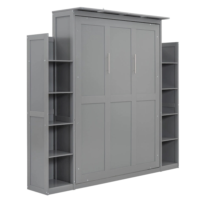 Full Size Murphy Wall Bed Frame with Shelves and LED Lights,for Girls Boys Teens,No Box Spring Needed
