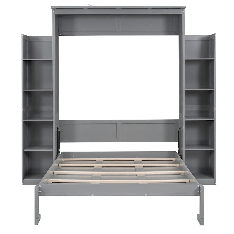 Full Size Murphy Wall Bed Frame with Shelves and LED Lights,for Girls Boys Teens,No Box Spring Needed