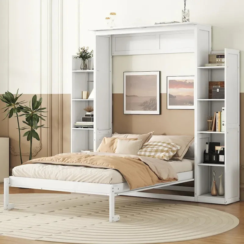 Full Size Murphy Wall Bed Frame with Shelves and LED Lights,for Girls Boys Teens,No Box Spring Needed