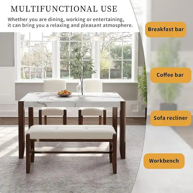 4-piece Dining Set with Faux Marble Style Table and 2 Upholstered Chairs & Bench with Wood Legs