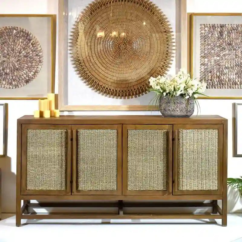 4-Door Large Storage Cabinet | Mindi Wood & Seagrass Panels | Teak Handles | Adjustable Shelf