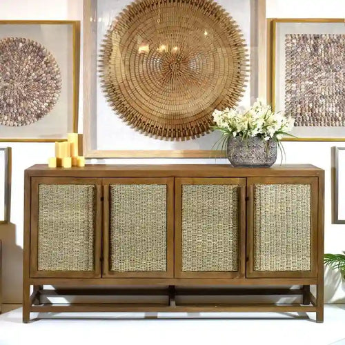 4-Door Large Storage Cabinet | Mindi Wood & Seagrass Panels | Teak Handles | Adjustable Shelf