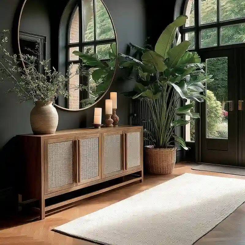 4-Door Large Storage Cabinet | Mindi Wood & Seagrass Panels | Teak Handles | Adjustable Shelf