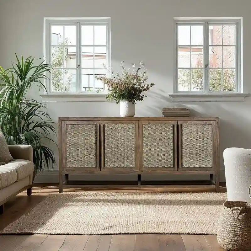 4-Door Large Storage Cabinet | Mindi Wood & Seagrass Panels | Teak Handles | Adjustable Shelf