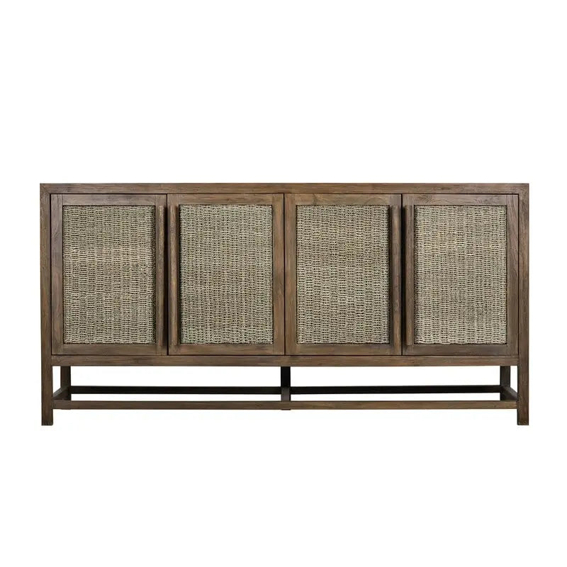 4-Door Large Storage Cabinet | Mindi Wood & Seagrass Panels | Teak Handles | Adjustable Shelf