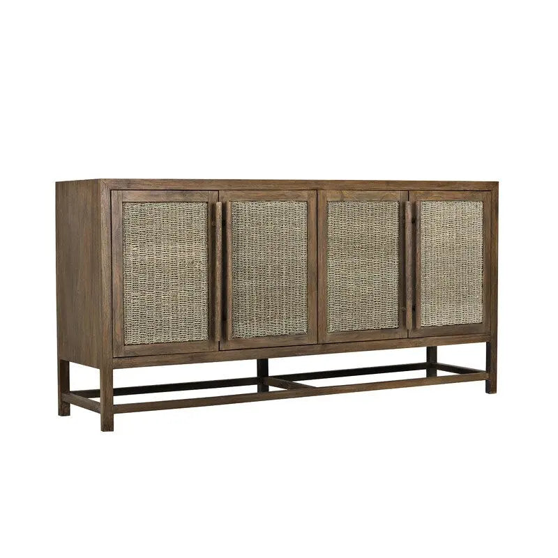 4-Door Large Storage Cabinet | Mindi Wood & Seagrass Panels | Teak Handles | Adjustable Shelf