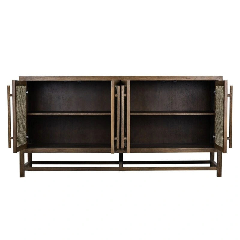 4-Door Large Storage Cabinet | Mindi Wood & Seagrass Panels | Teak Handles | Adjustable Shelf