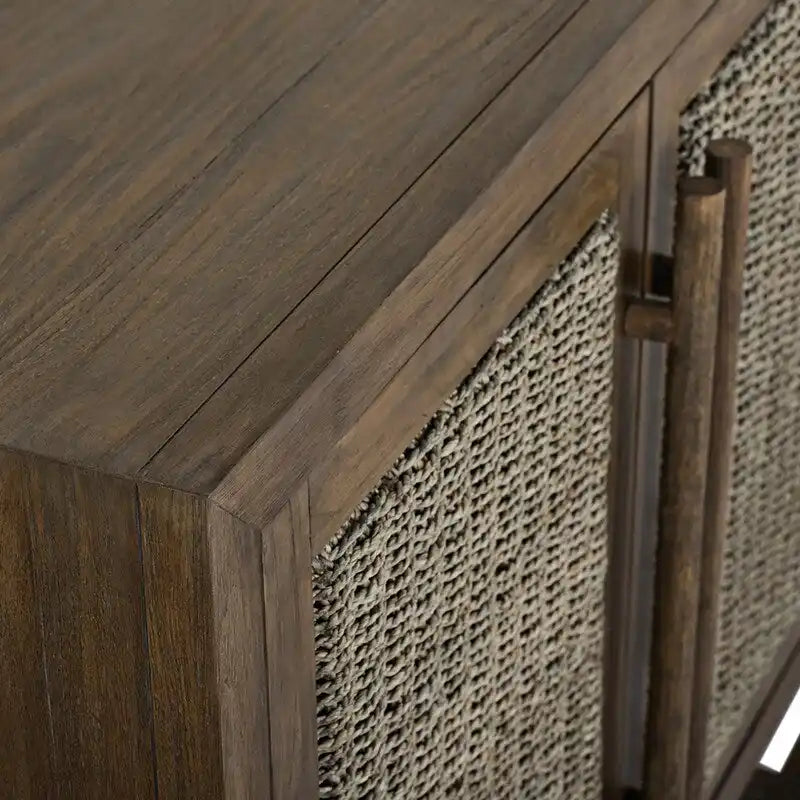 4-Door Large Storage Cabinet | Mindi Wood & Seagrass Panels | Teak Handles | Adjustable Shelf