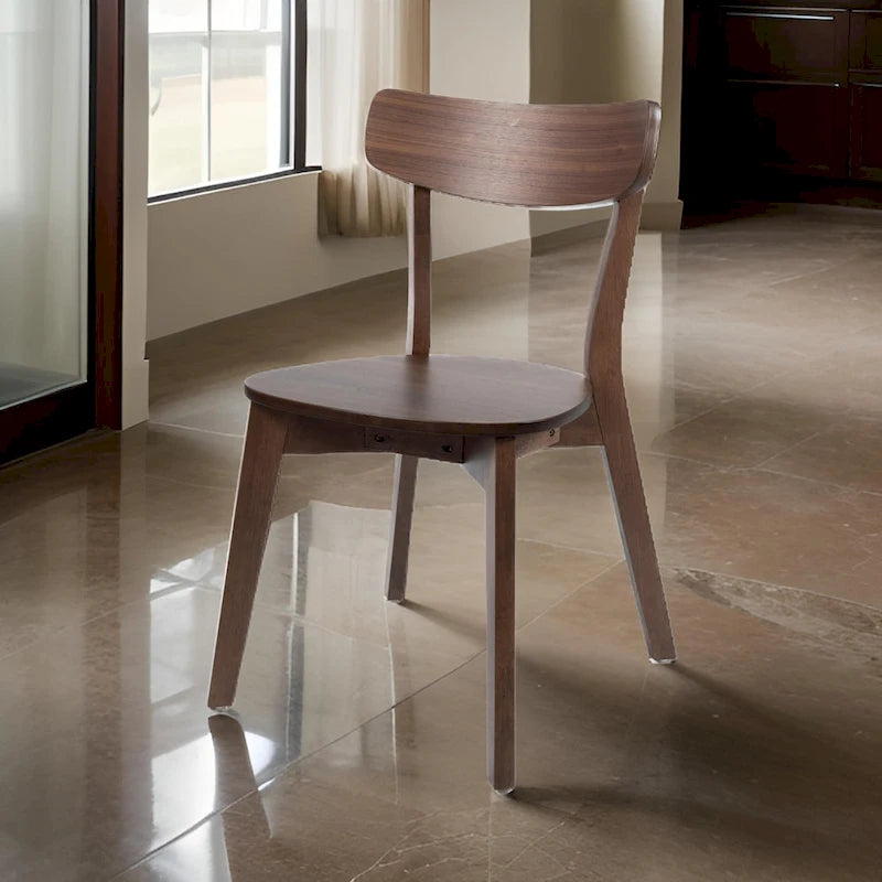 Aby Dining Side Chair, Wooden Round Seat, Open Panel Back, Walnut Brown
