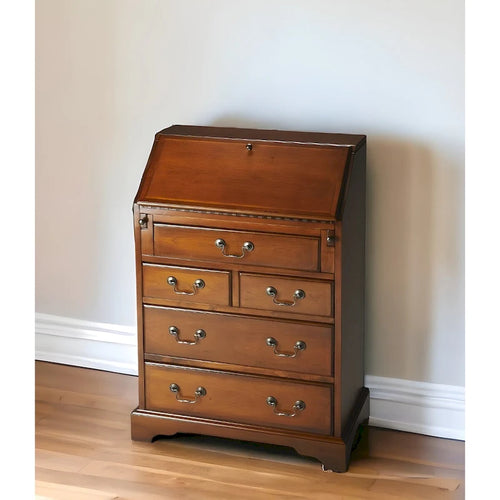 26 Brown Rubberwood Wood Secretary Desk With Five Drawers