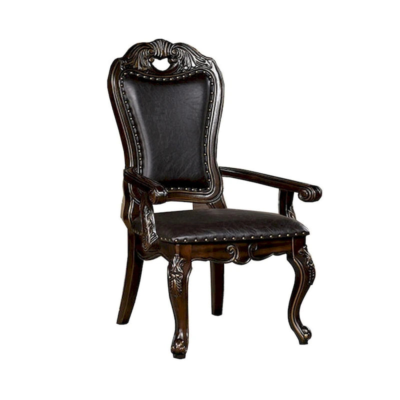 Carved Dining Armchair Set of 2 | Brown Vegan Faux Leather | Nailhead Trim | Cabriole Legs
