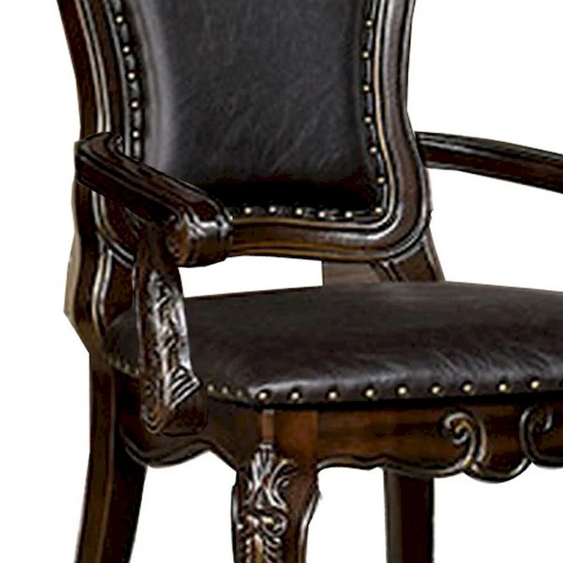 Carved Dining Armchair Set of 2 | Brown Vegan Faux Leather | Nailhead Trim | Cabriole Legs