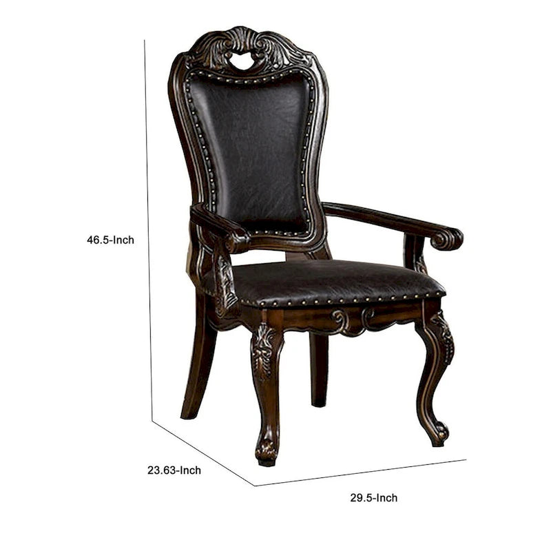 Carved Dining Armchair Set of 2 | Brown Vegan Faux Leather | Nailhead Trim | Cabriole Legs