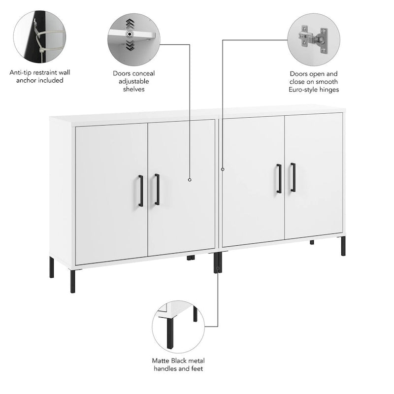 Low Storage Cabinet with Doors Set of 2 | Modern Office & Living Room | Adjustable Shelves